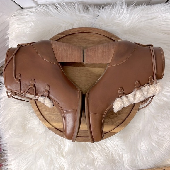 UGG Analise Camel Leather Exposed Fur Sheepwook Ankle Lace Up Heel Bootie Sz. 10 - Picture 10 of 13